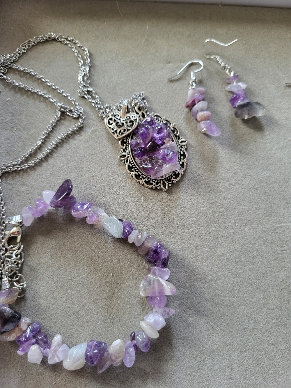 Amethyst Chip Necklace, Bracelet & Earrings Set - Purple Crystal Jewelry